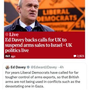 Lib Dem leader calls for UK to suspend arms sales to Israel 3 April 2024